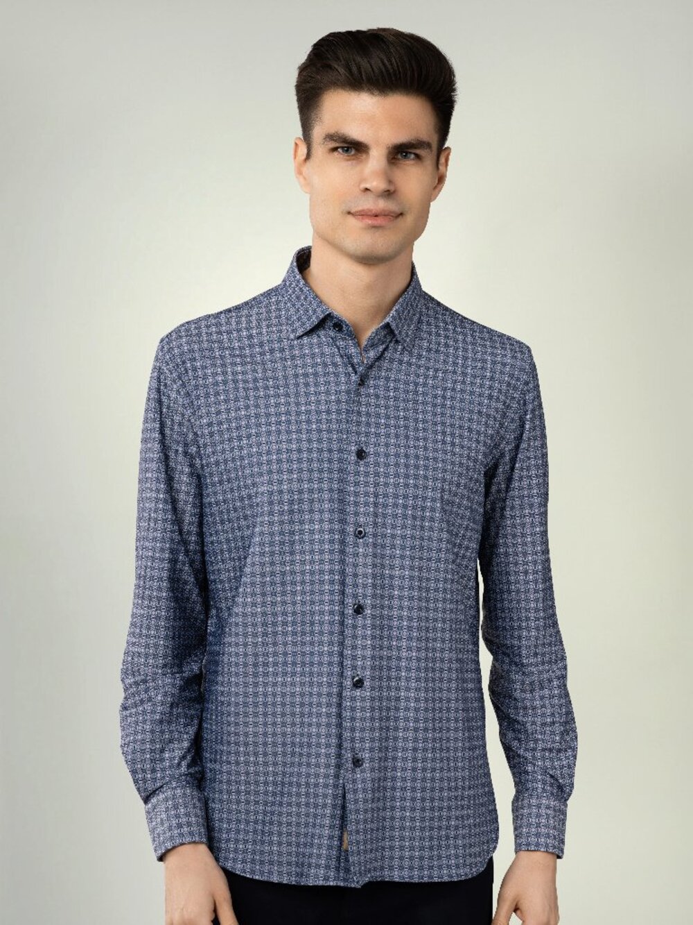 Luchiano Visconti Navy Floral Geo Print 4 Way Stretch Long Sleeve Shirt